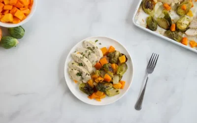 Sheet Pan Maple-Mustard Chicken with Squash & Brussels Sprouts