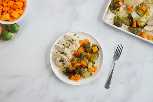Sheet Pan Maple-Mustard Chicken with Squash & Brussels Sprouts